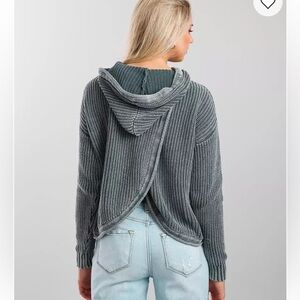 Tulip- Back Hooded Knit Sweater - Distressed Gray